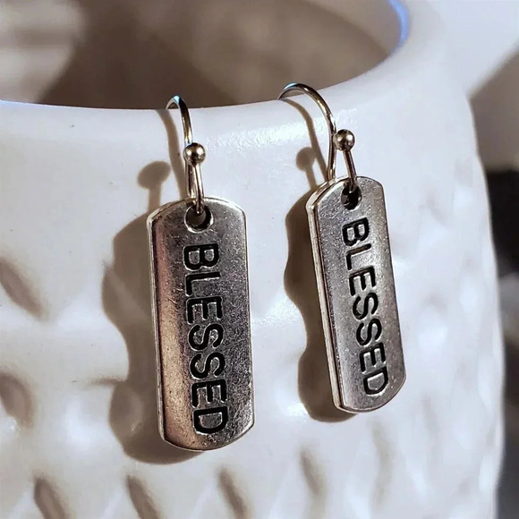 Handcrafted Blessed Inspirational Word Message Carved Silver Black Earrings - Picture 2 of 9
